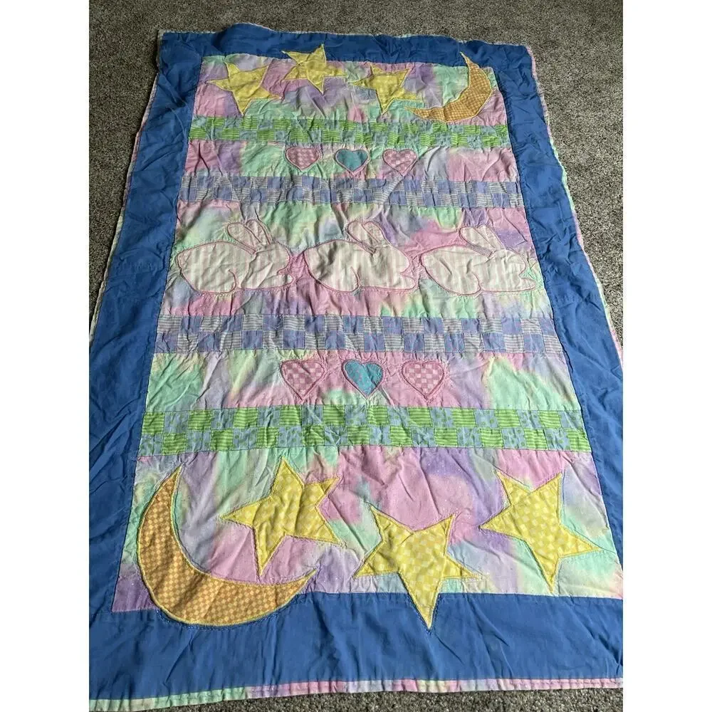 Vintage Whimsical Blanket Quilt Neon Colors Moon Stars Bunnies 47in X 31in